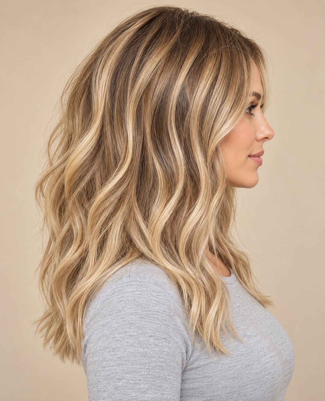Collarbone Lob With Curtain Bangs, Wavy Collarbone Lob With Curtain Bangs, Wavy — Honey Blonde Balayage