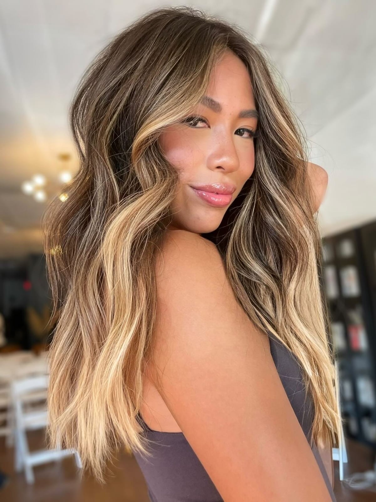 Mid-Back Layers With Balayage Highlights, Curtain Bangs Mid-Back Layers With Balayage Highlights, Curtain Bangs — Honey Blonde Balayage