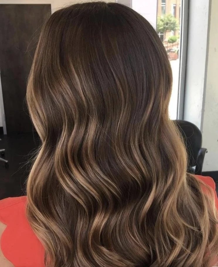 Mid-Back Dark Base With Honey Balayage, Close-Up Take Mid-Back Dark Base With Honey Balayage, Close-Up Take — Honey Blonde Balayage