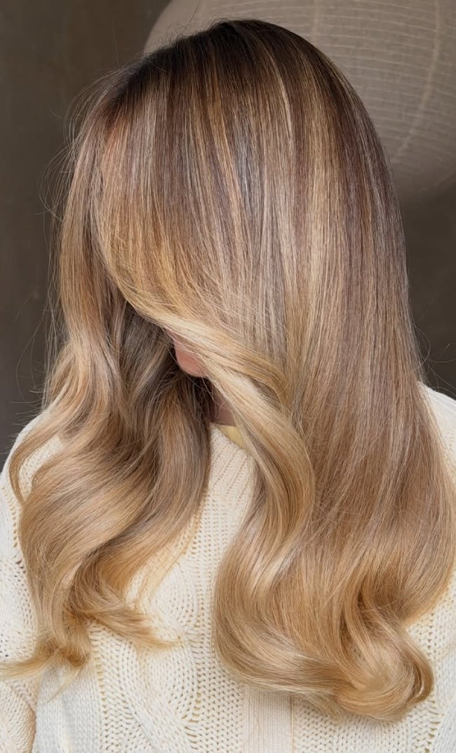 Mid-Back Honey Balayage With Darker Roots Mid-Back Honey Balayage With Darker Roots — Honey Blonde Balayage