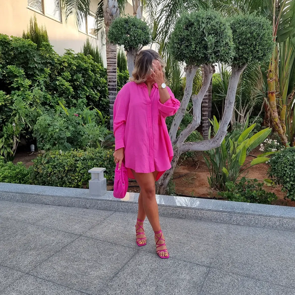 Hot Pink Oversized Button Down And Strappy Sandals