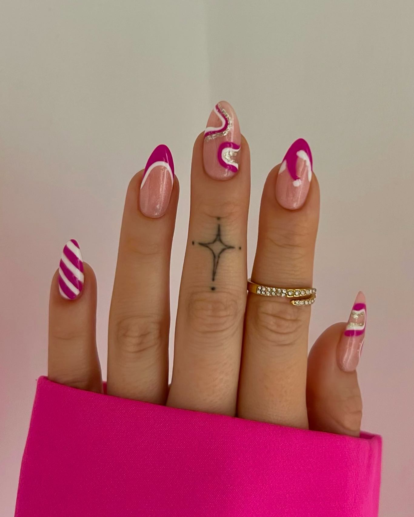 Hot Pink Swirl French Tip Almond Nails