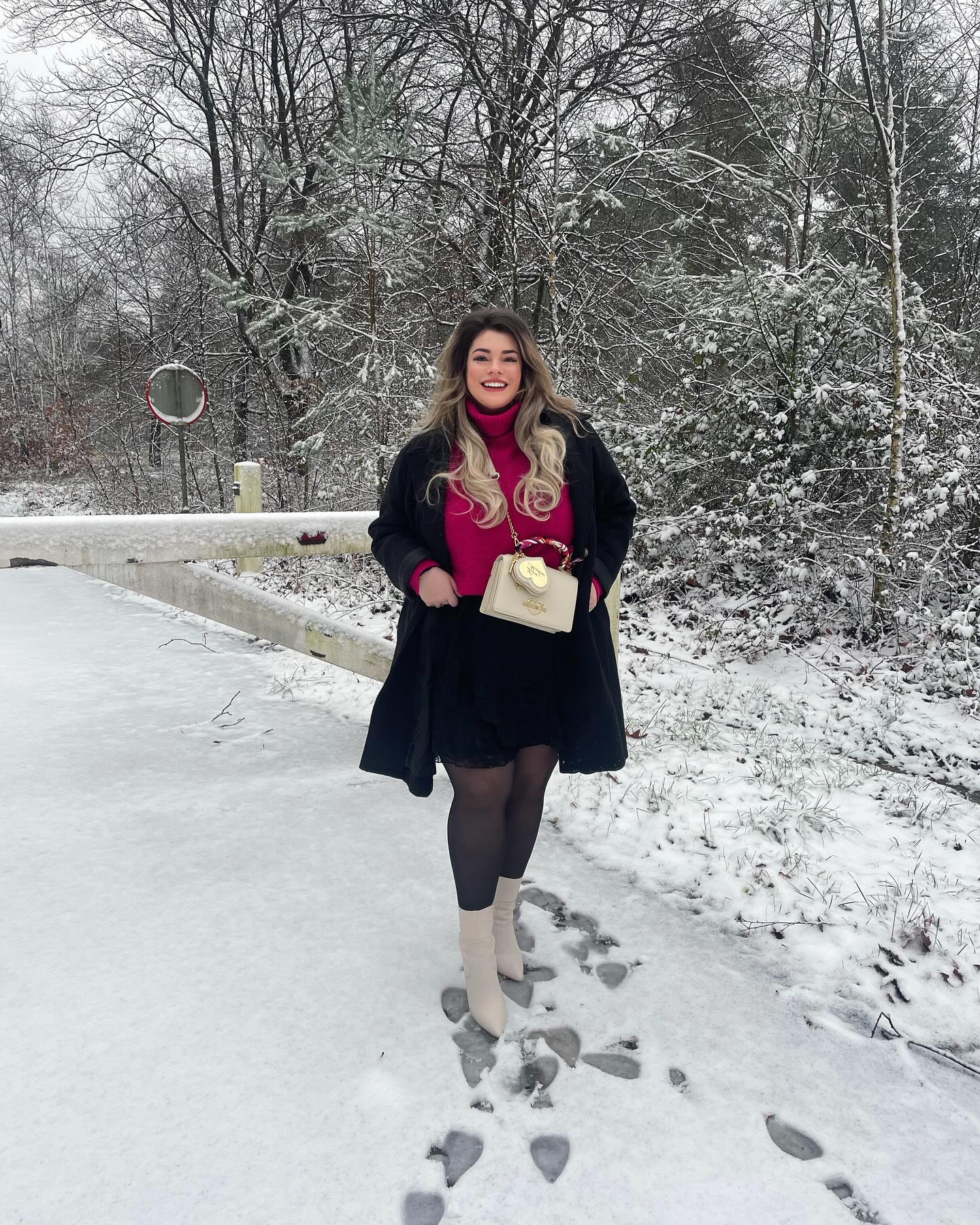 Hot Pink Turtleneck With Black Mini Skirt Winter Look