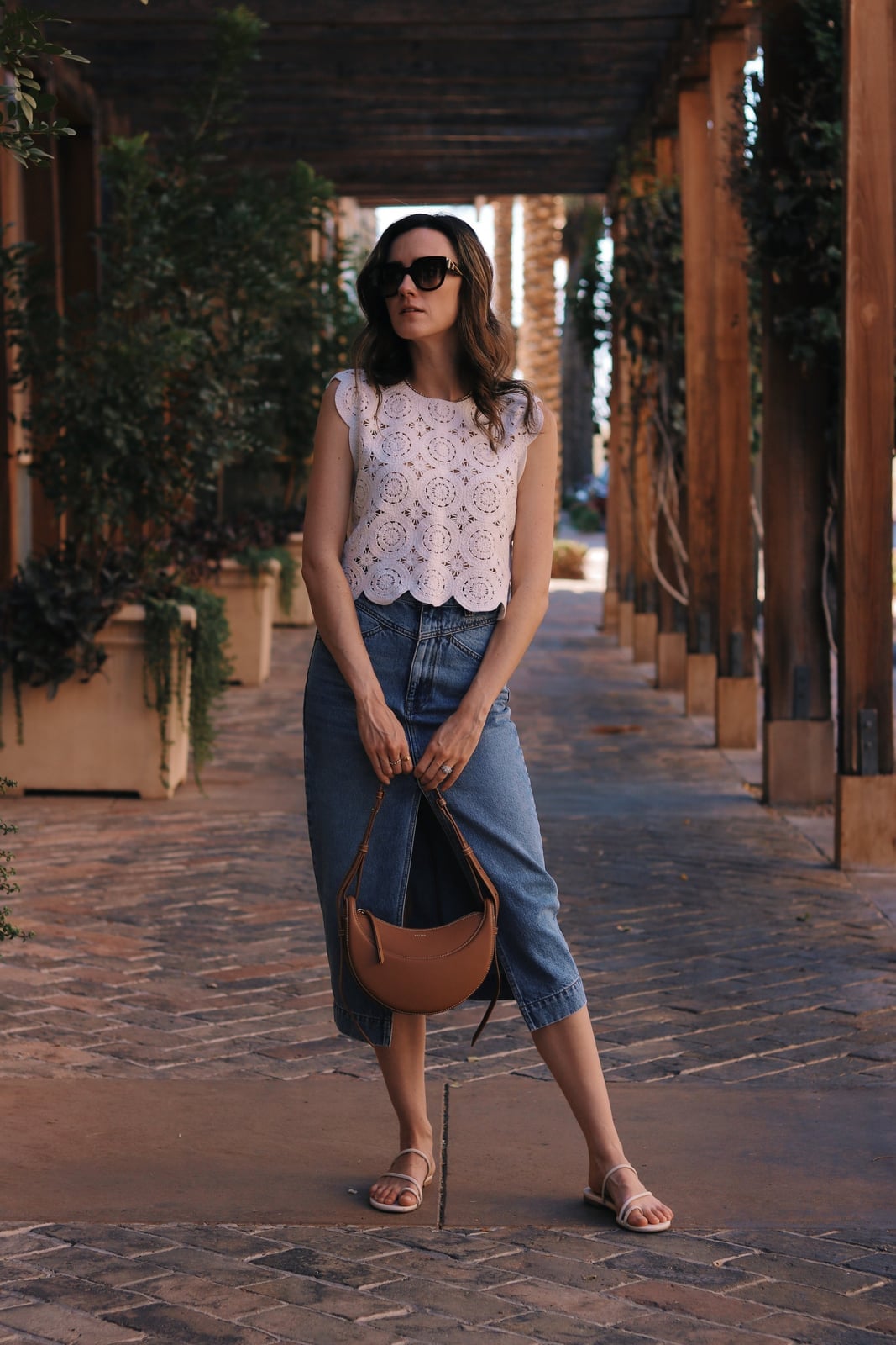 White eyelet top with blue denim midi skirt for daytime event White eyelet top with blue denim midi skirt for daytime event — Hot Weather Outfits