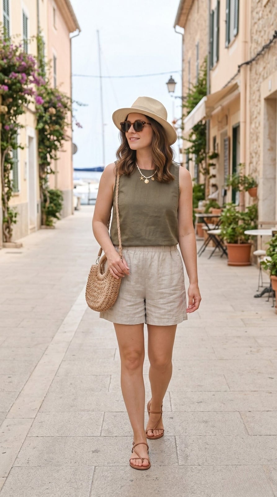 Olive green linen top and beige linen shorts, Close-Up Take Olive green linen top and beige linen shorts, Close-Up Take — Hot Weather Outfits