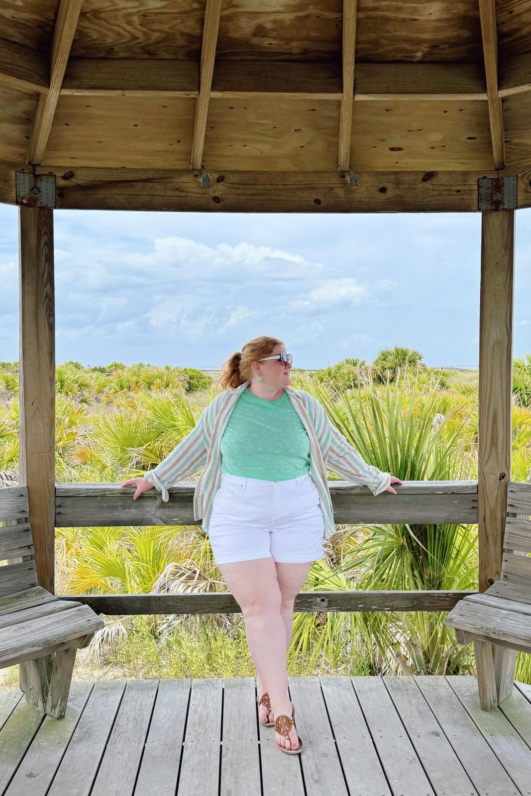 Green t-shirt with white shorts and striped, Office-Safe Version Green t-shirt with white shorts and striped, Office-Safe Version — Hot Weather Outfits