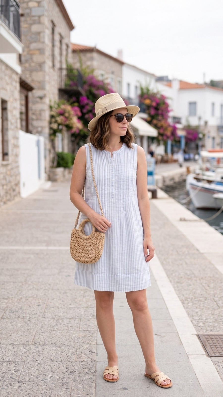 Striped A-line dress with straw accessories for a day out Striped A-line dress with straw accessories for a day out — Hot Weather Outfits