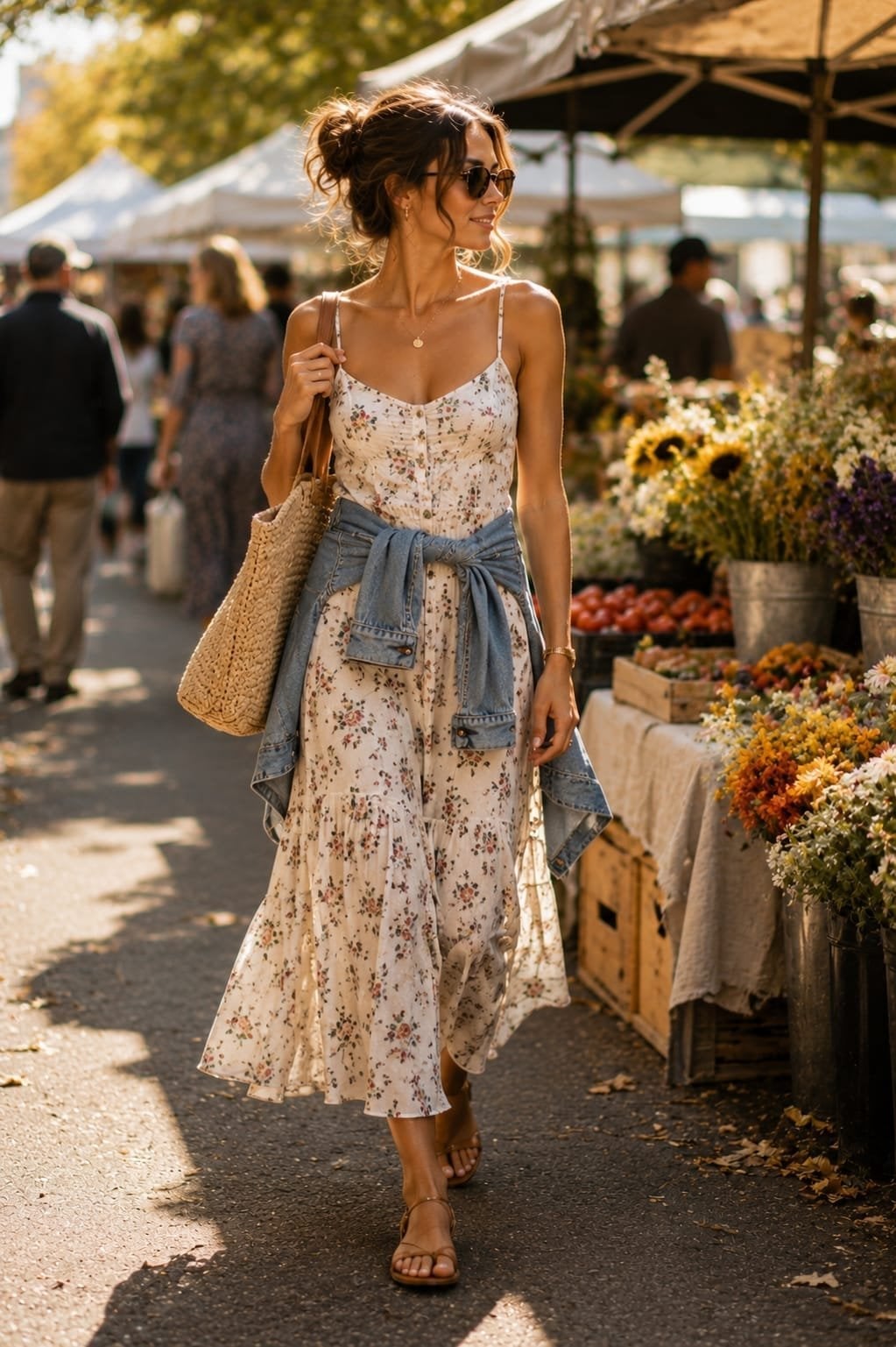 Floral maxi dress with a denim jacket tied at the waist Floral maxi dress with a denim jacket tied at the waist — Hot Weather Outfits