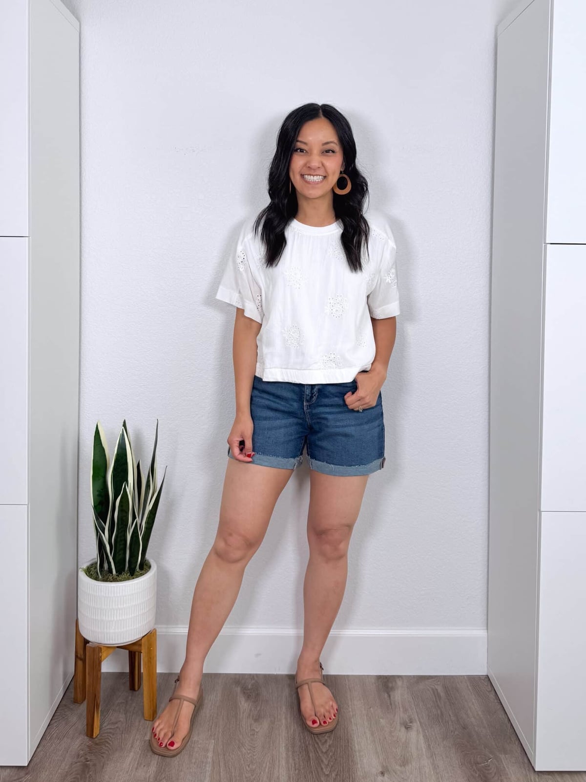 Embroidered white top with rolled denim shorts for casual days Embroidered white top with rolled denim shorts for casual days — Hot Weather Outfits