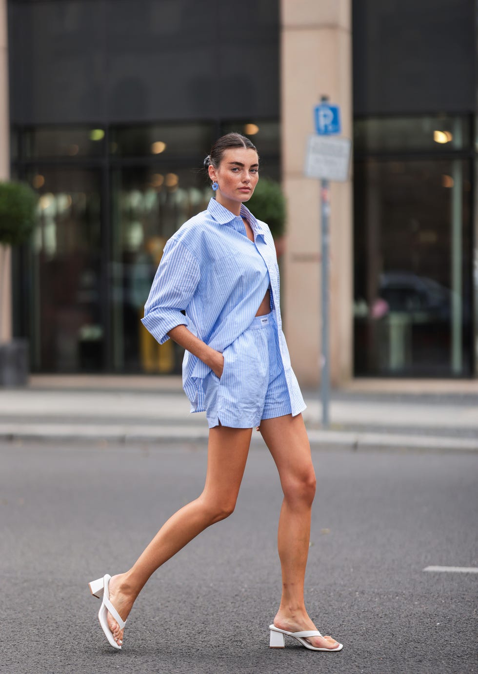 Light blue and white striped oversized shirt with matching shorts Light blue and white striped oversized shirt with matching shorts — Hot Weather Outfits