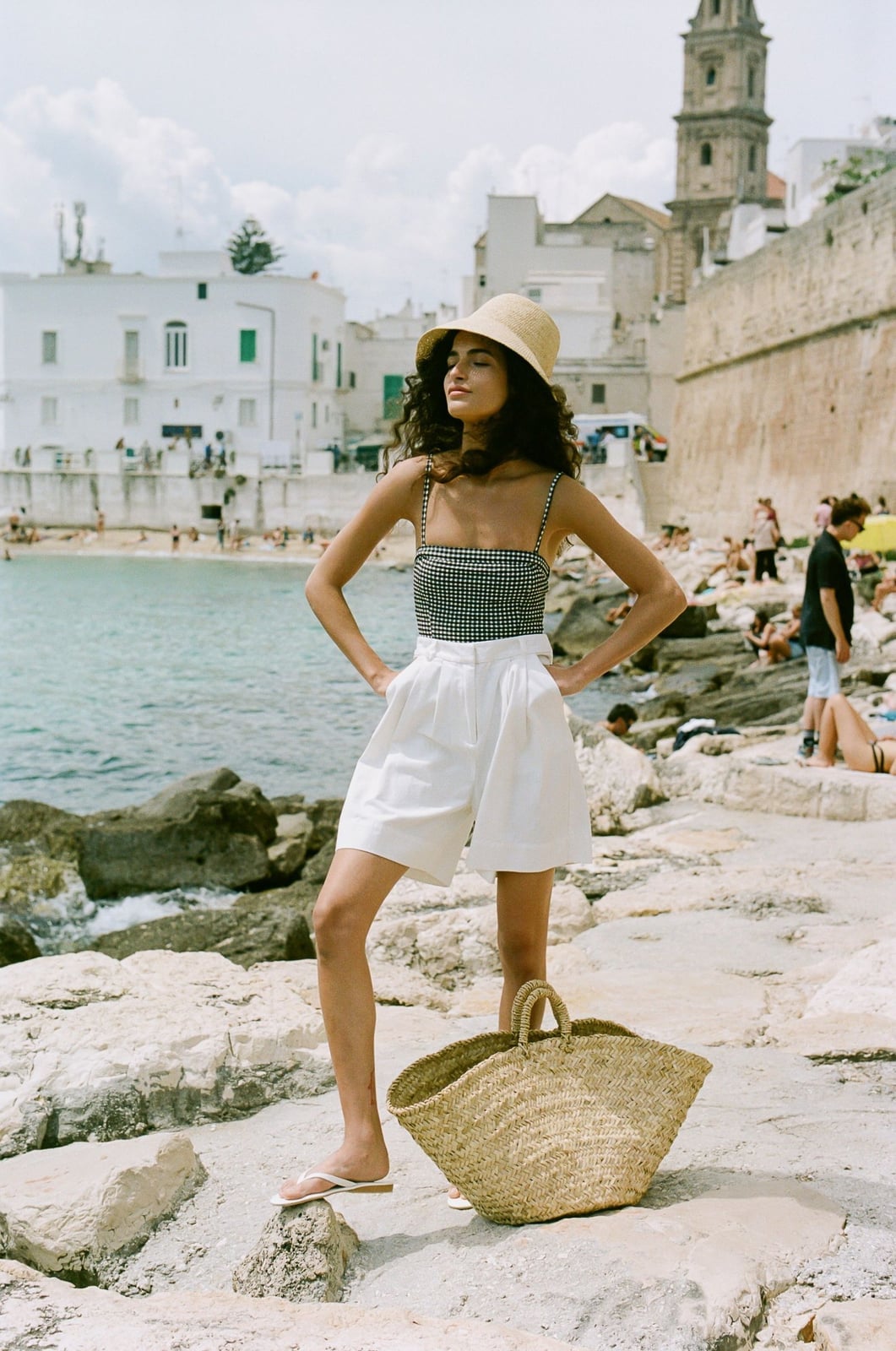Gingham camisole top with beige linen shorts for beach resort Gingham camisole top with beige linen shorts for beach resort — Hot Weather Outfits