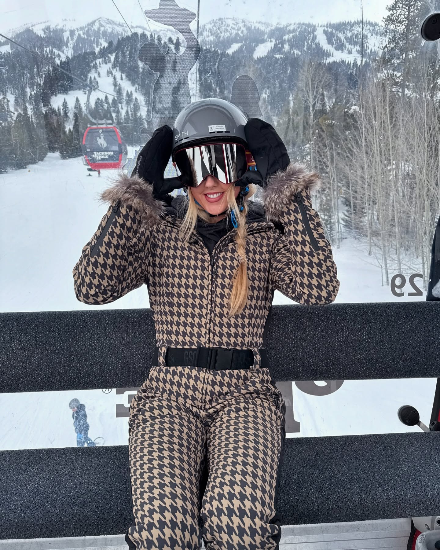 Houndstooth Ski Suit With Fur Trim Accents