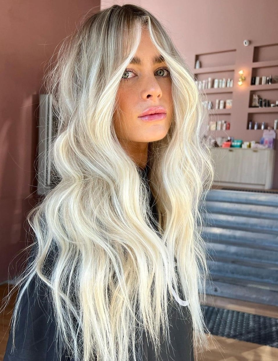 Mid-Back Length Icy Blonde Balayage With Curtain Bangs Mid-Back Length Icy Blonde Balayage With Curtain Bangs