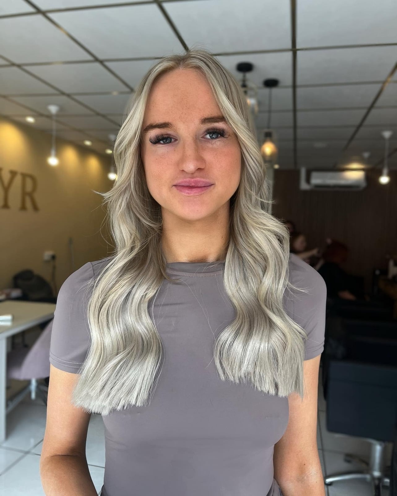Collarbone Length Icy Blonde With Root Shadow And Curtain Bangs Collarbone Length Icy Blonde With Root Shadow And Curtain Bangs