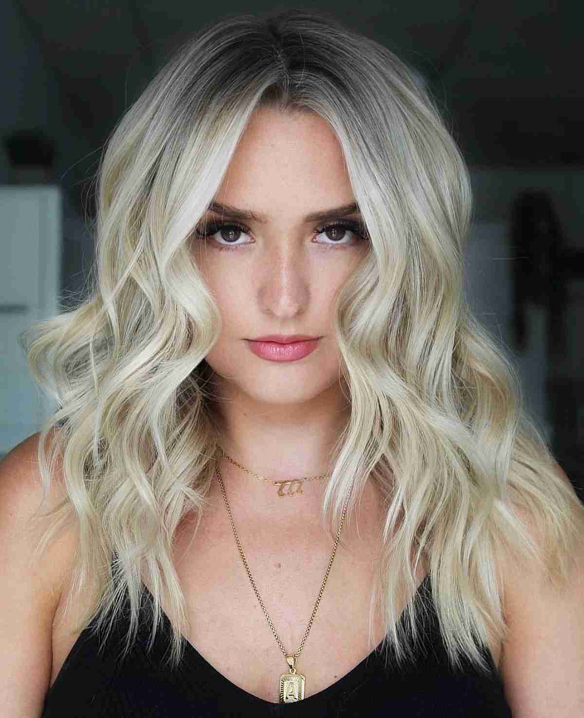 Collarbone Length Icy Ash Blonde With Dark Roots Collarbone Length Icy Ash Blonde With Dark Roots — Icy Blonde