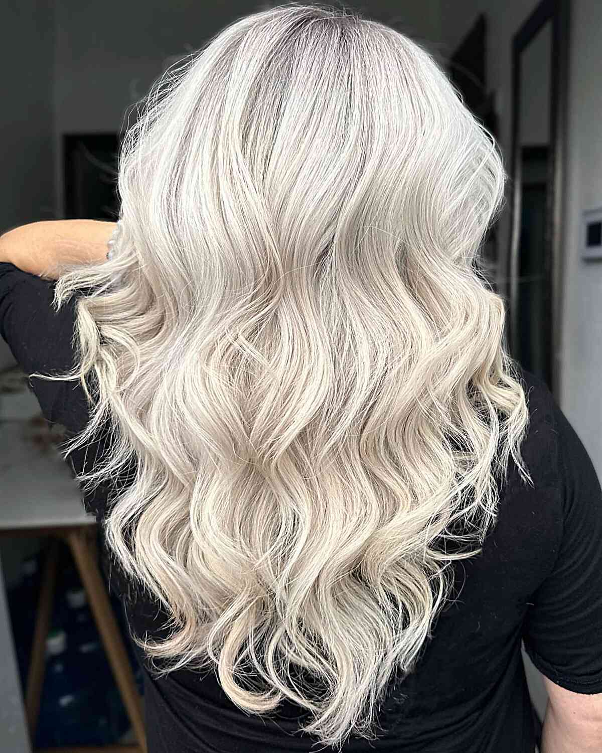 Mid-Back Length Platinum Blonde With Root Shadow Mid-Back Length Platinum Blonde With Root Shadow — Icy Blonde