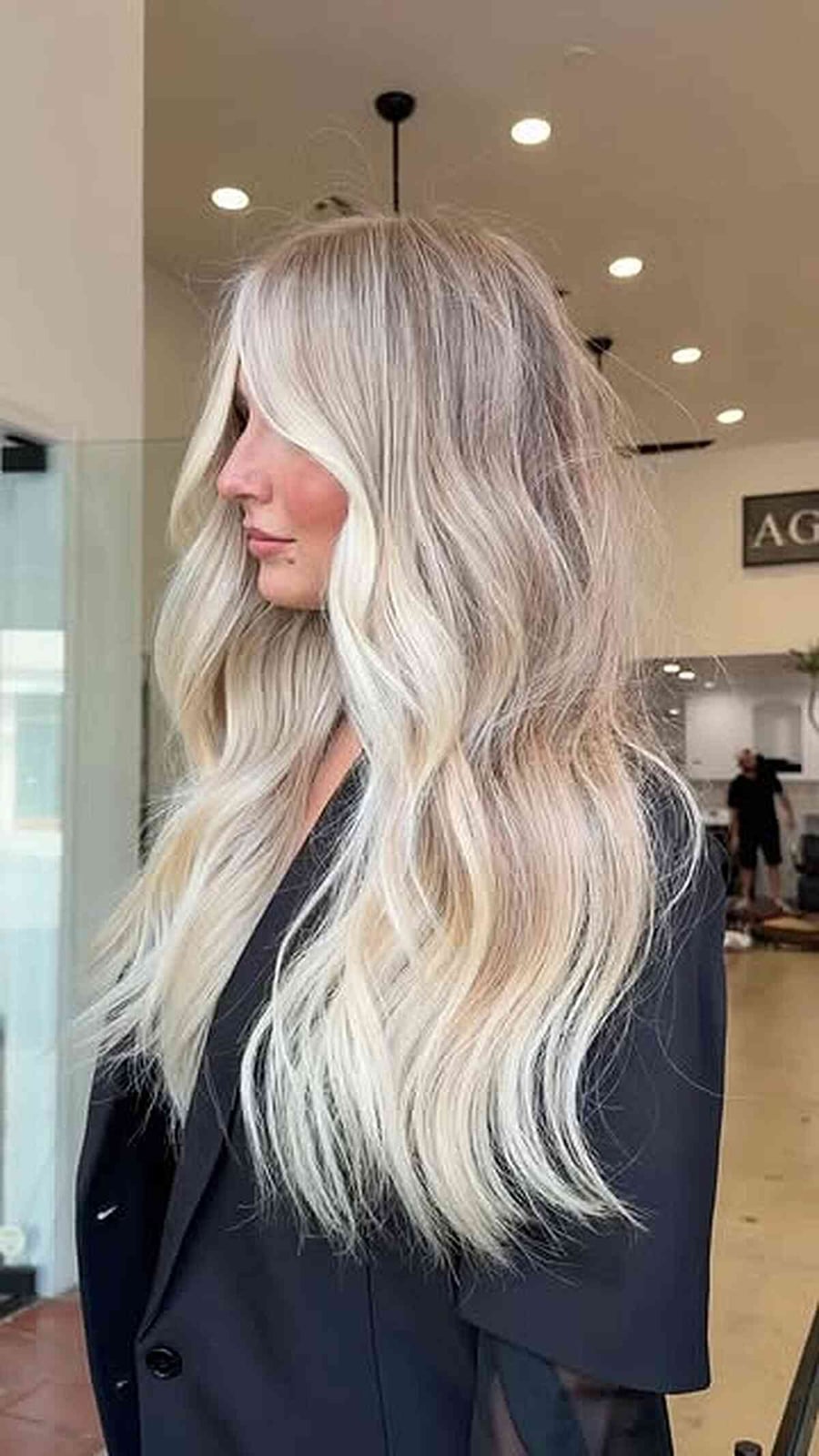 Mid-Back Length Platinum Blonde With Root Shadow Side View, Wavy Mid-Back Length Platinum Blonde With Root Shadow Side View, Wavy — Icy Blonde