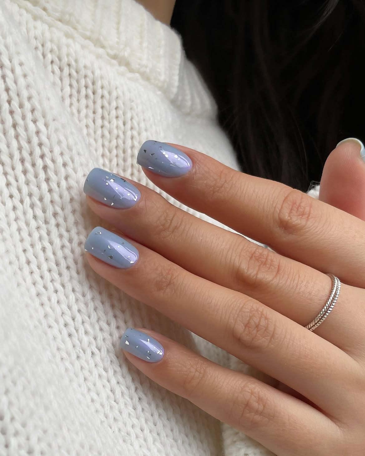 Icy Blue Shimmer Flake Short Square Nails