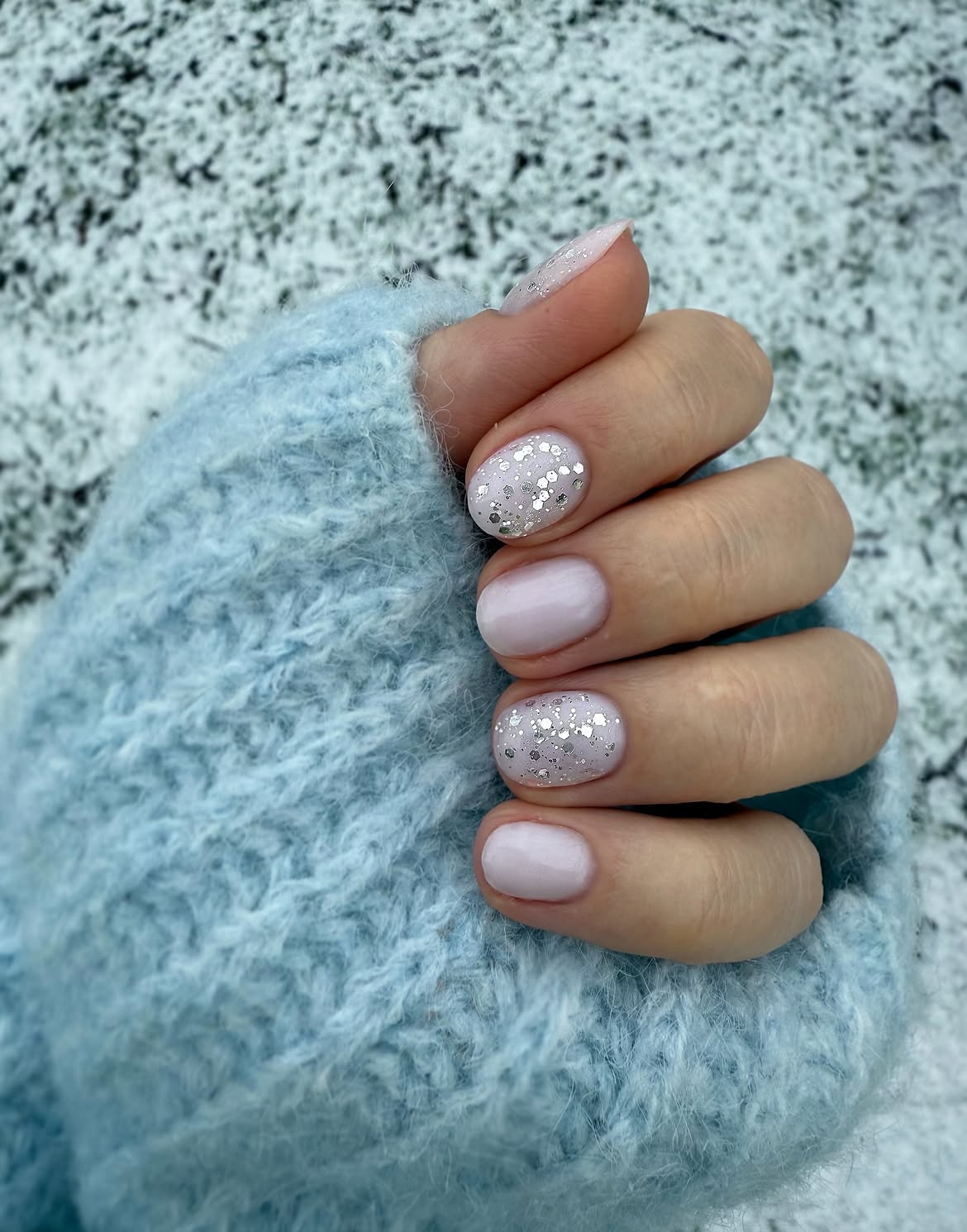 Icy Milky Pink Nails With Silver Glitter