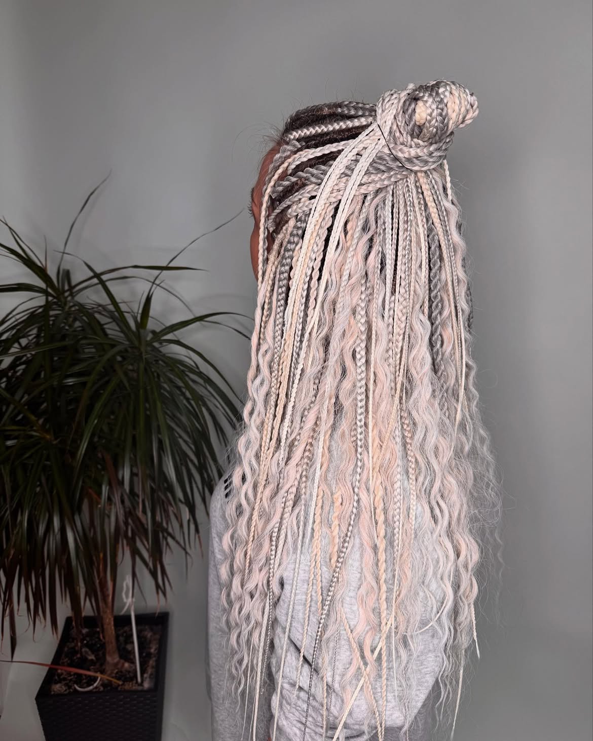 Icy Platinum Box Braids In Half Up Top Knot