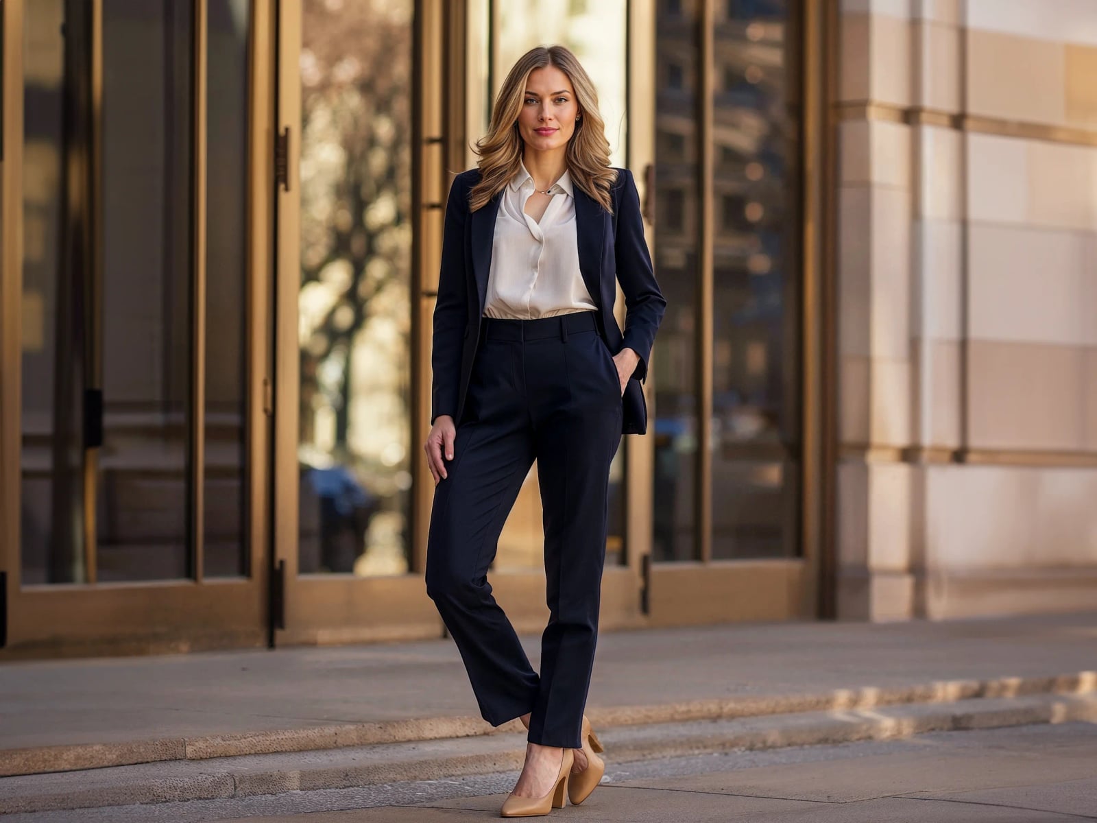 Navy blazer with cream blouse and trousers Navy blazer with cream blouse and trousers — Interview Outfits