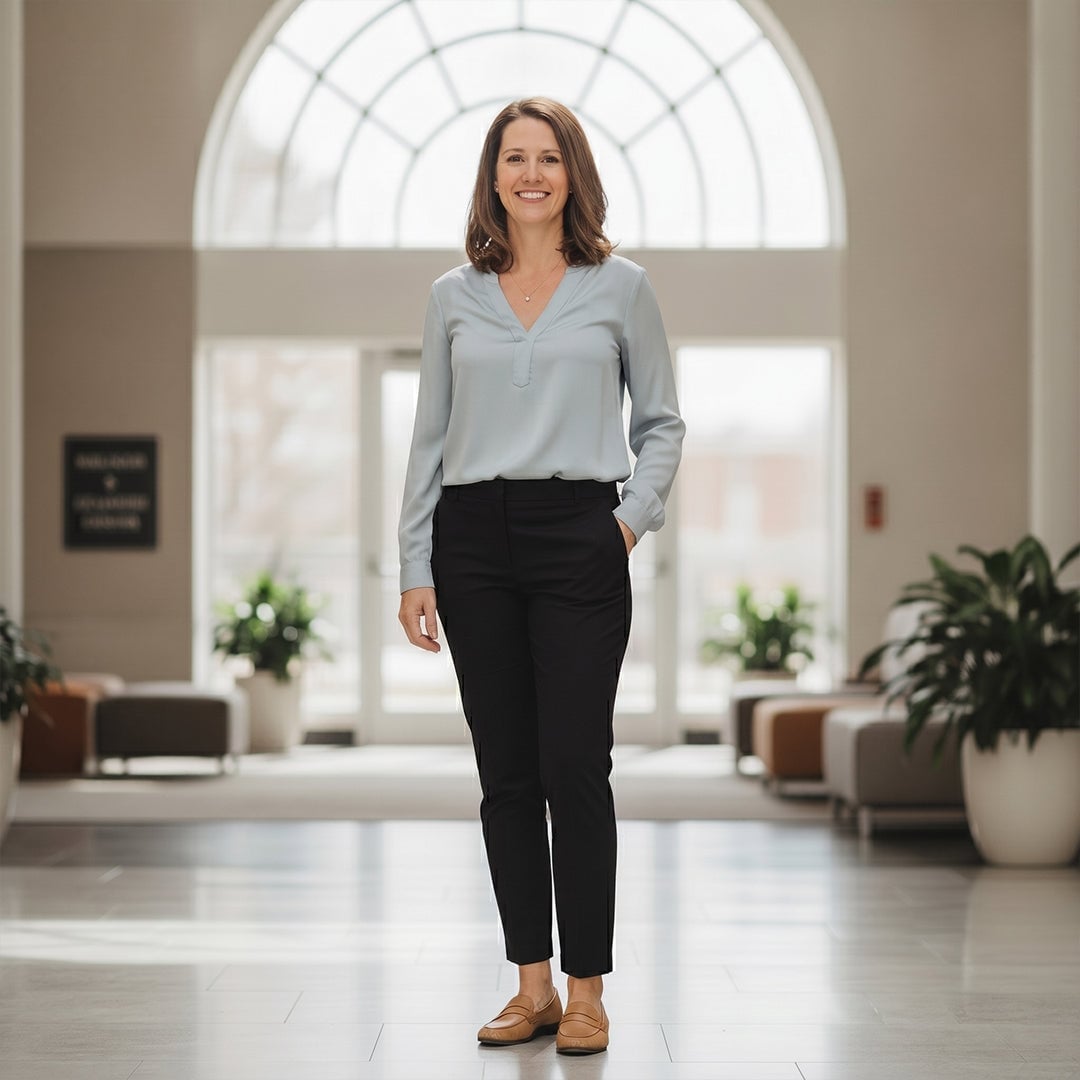 Light blue blouse with black straight-leg trousers Light blue blouse with black straight-leg trousers — Interview Outfits