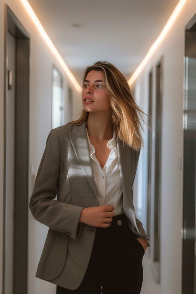 Gray blazer over white shirt and black trousers Gray blazer over white shirt and black trousers — Interview Outfits