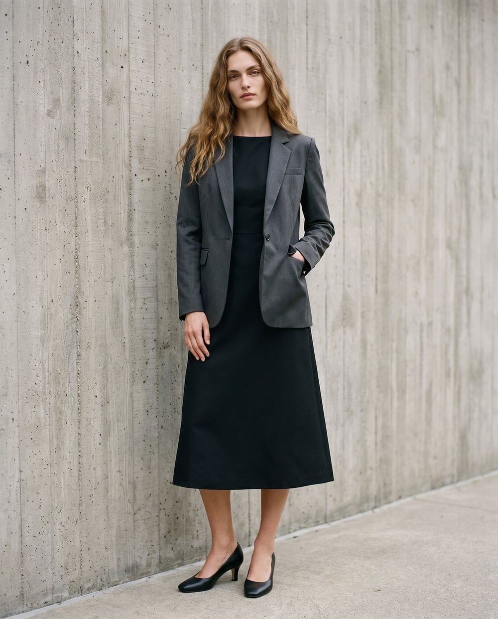 Gray blazer with black a-line midi dress Gray blazer with black a-line midi dress — Interview Outfits