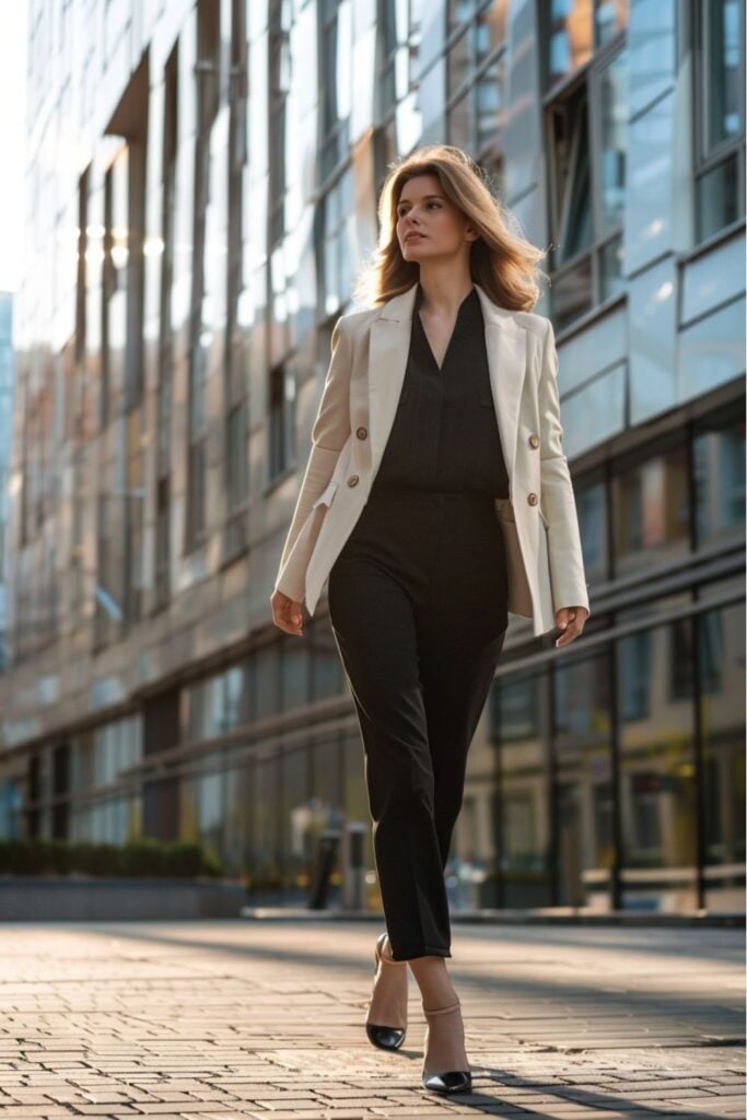 Beige blazer over cream blouse and black trousers Beige blazer over cream blouse and black trousers — Interview Outfits