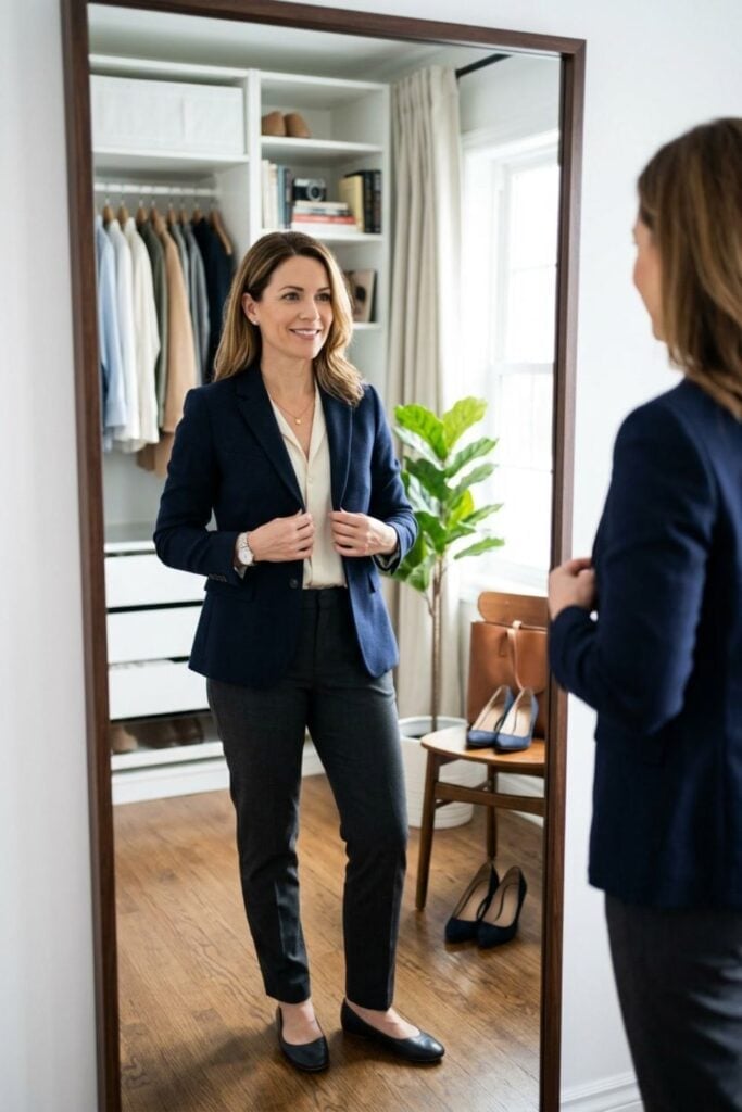 Navy blazer with cream blouse and straight trousers, Pointed-Toe Flats Navy blazer with cream blouse and straight trousers, Pointed-Toe Flats — Interview Outfits