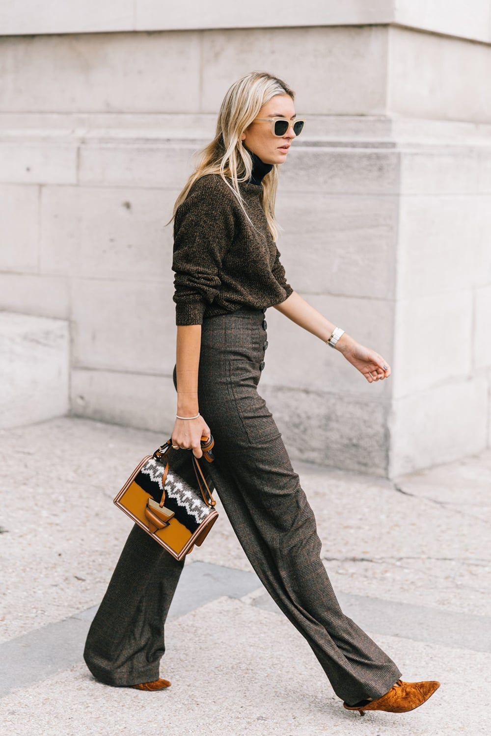 Textured turtleneck with patterned wide-leg trousers Textured turtleneck with patterned wide-leg trousers — Interview Outfits