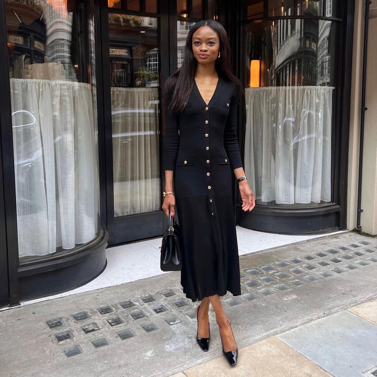 Black midi dress with gold button details Black midi dress with gold button details — Interview Outfits