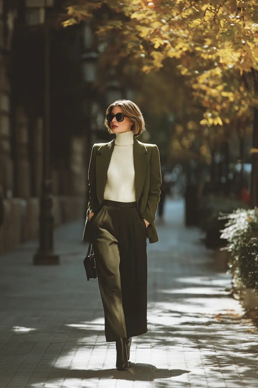 Olive green blazer over a cream turtleneck Olive green blazer over a cream turtleneck — Interview Outfits