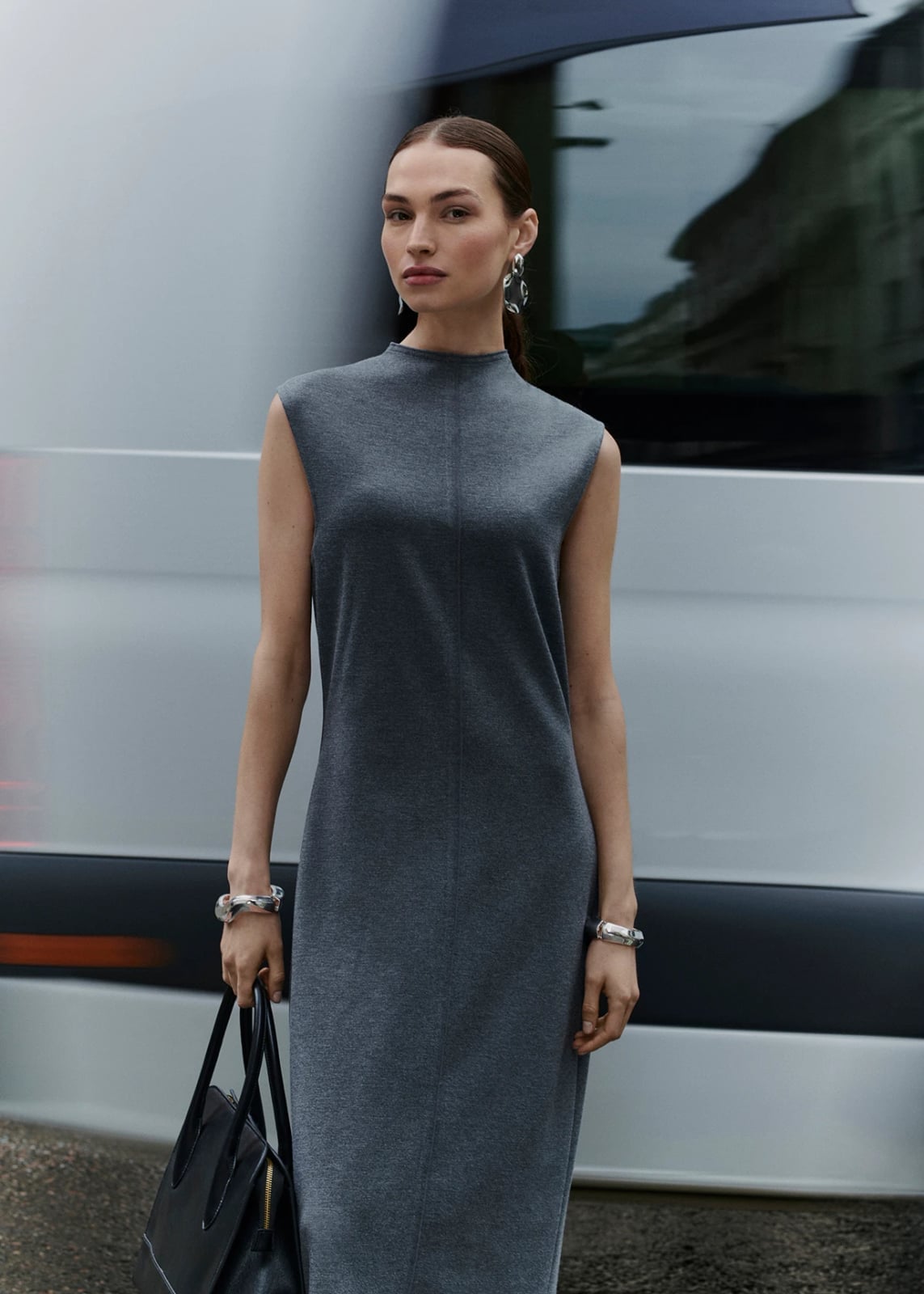 Gray jersey knit mock-neck midi dress Gray jersey knit mock-neck midi dress — Interview Outfits
