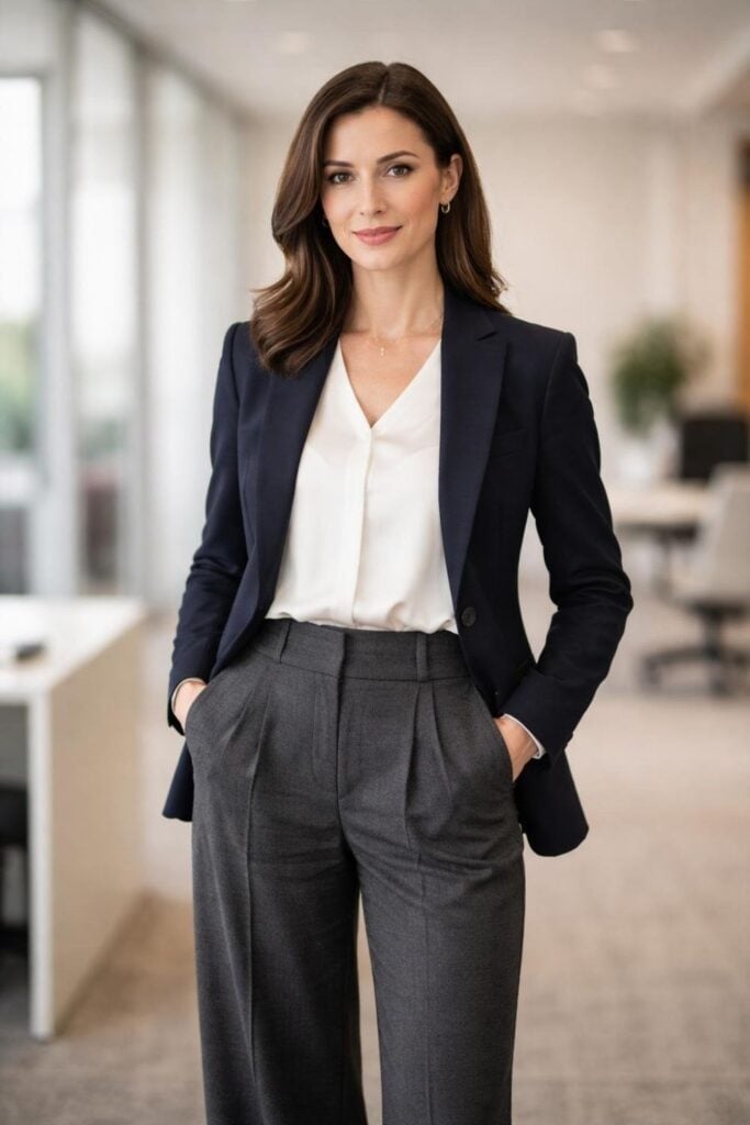 Navy blazer with gray pleated wide-leg trousers Navy blazer with gray pleated wide-leg trousers — Interview Outfits