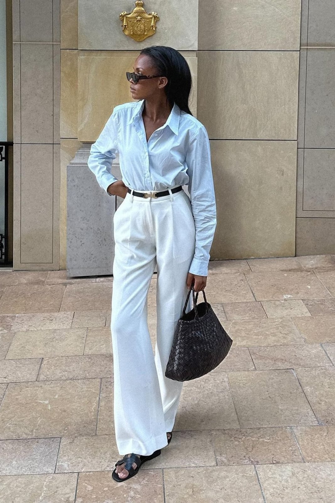 Light blue shirt with white wide-leg trousers, Relaxed Light blue shirt with white wide-leg trousers, Relaxed — Interview Outfits