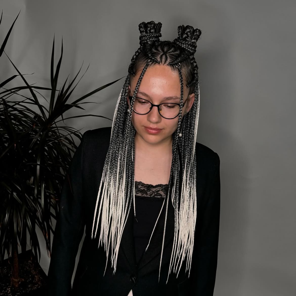 Intricate Geometric Box Braids With High Space Buns