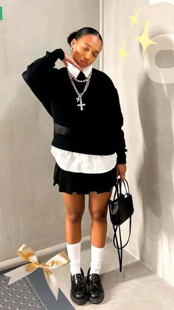 Layered Shirt and Sweater With Mini Skirt Layered Shirt and Sweater With Mini Skirt — It Girl Outfits