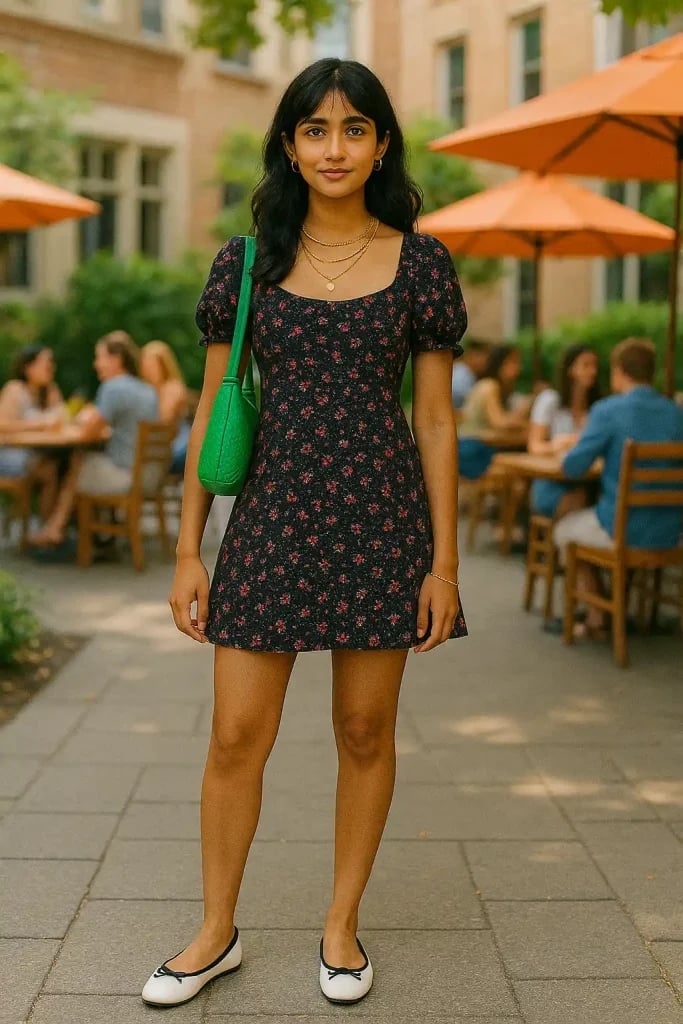 Floral Mini Dress With Green Handbag Floral Mini Dress With Green Handbag — It Girl Outfits