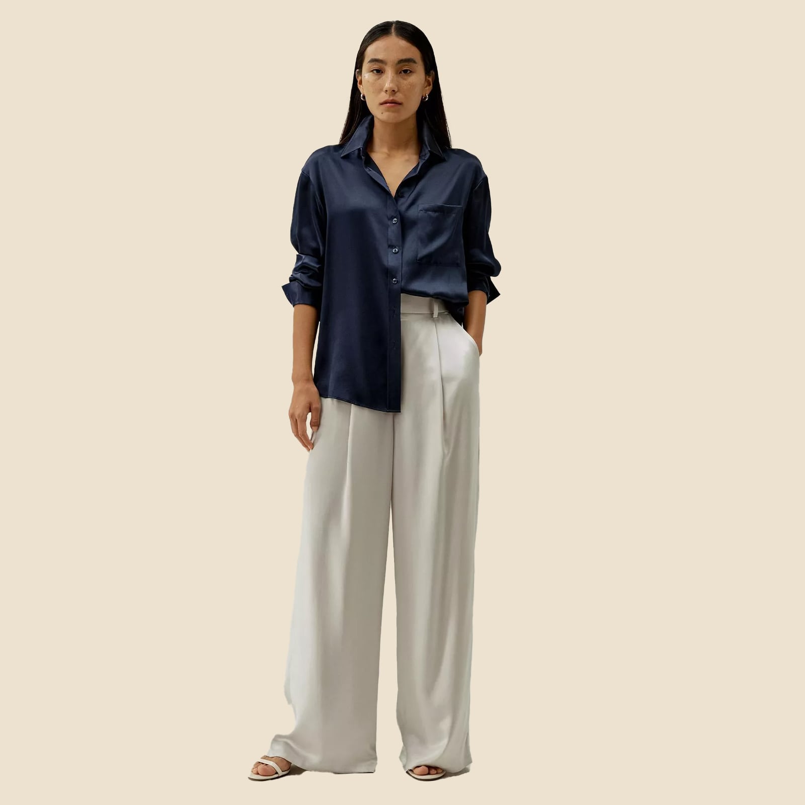 Navy Silk Shirt With Wide Leg Trousers Navy Silk Shirt With Wide Leg Trousers — It Girl Outfits