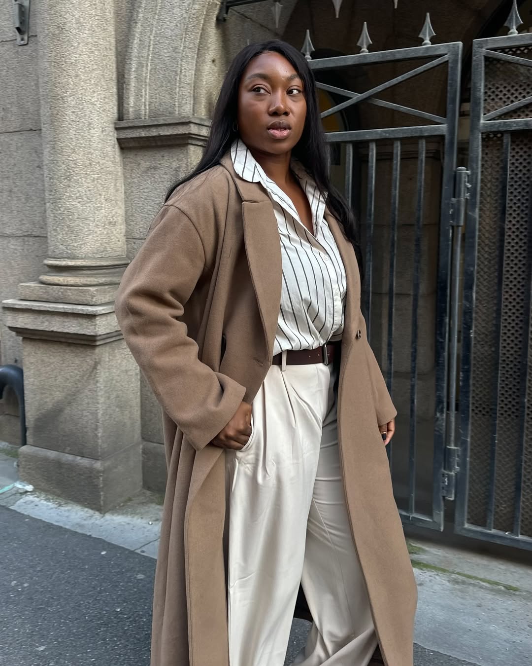 Camel Coat Over Striped Shirt Camel Coat Over Striped Shirt — It Girl Outfits