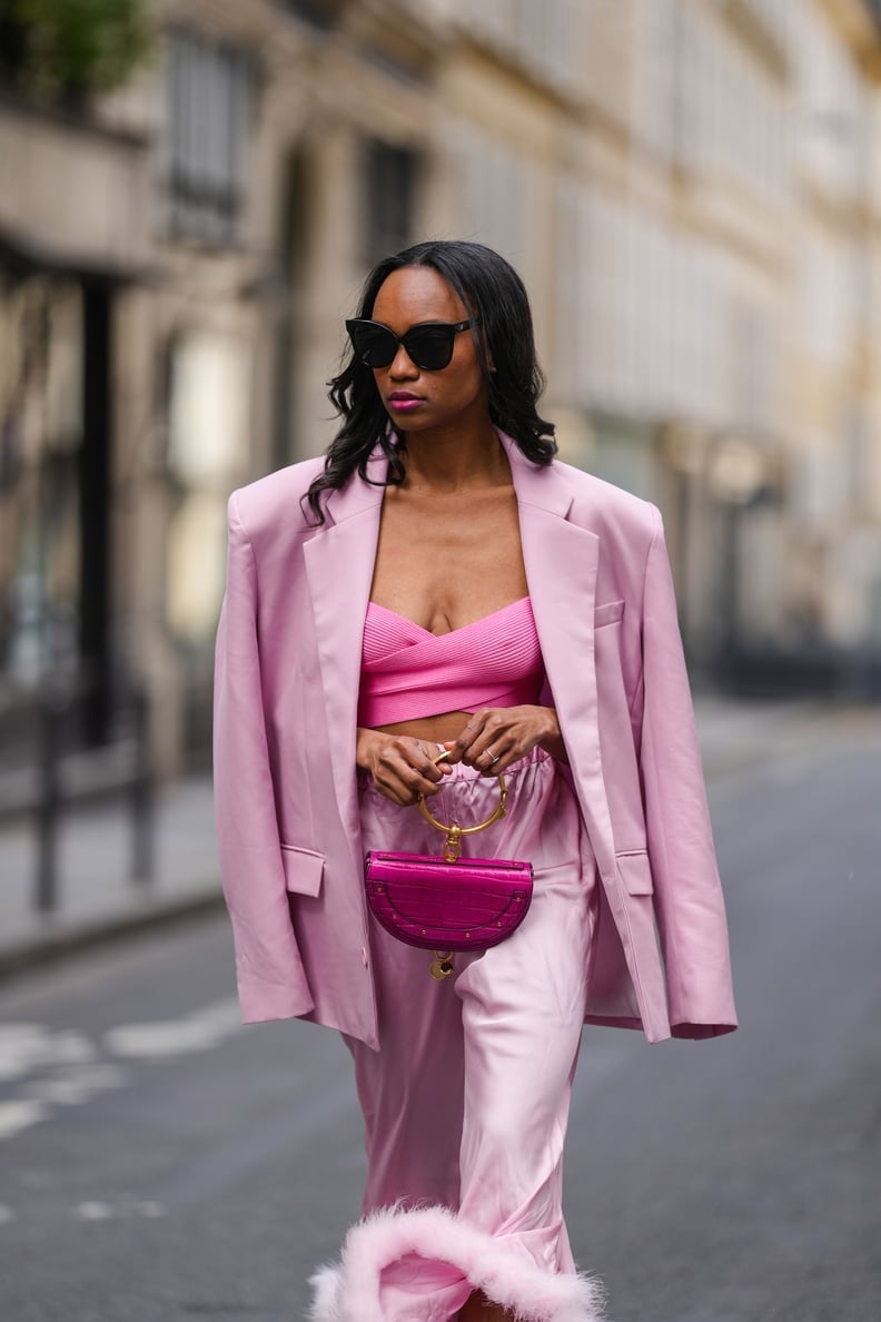 Pink Blazer With Feather Trim Trousers Pink Blazer With Feather Trim Trousers — It Girl Outfits