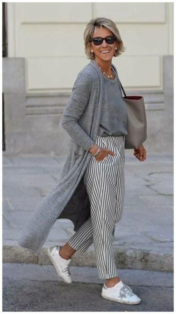 Gray Cardigan with Striped Trousers Casual Day Gray Cardigan with Striped Trousers Casual Day — Italian Outfits