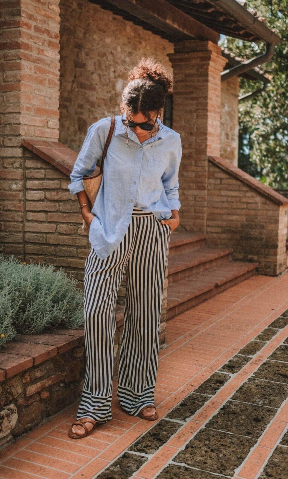 Light Blue Shirt with Striped Wide-Leg Trousers, Flat Sandals Light Blue Shirt with Striped Wide-Leg Trousers, Flat Sandals — Italian Outfits