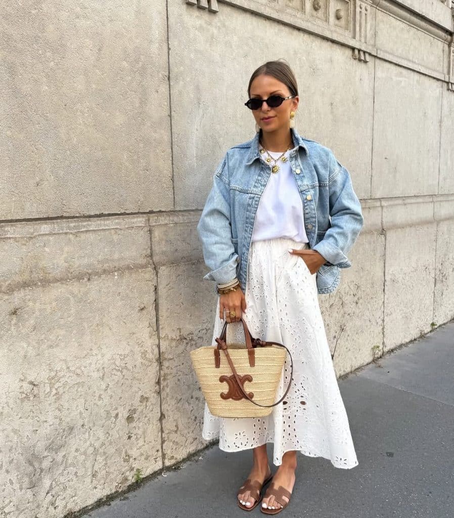 Denim Jacket with Eyelet Midi Skirt Casual Denim Jacket with Eyelet Midi Skirt Casual — Italian Outfits
