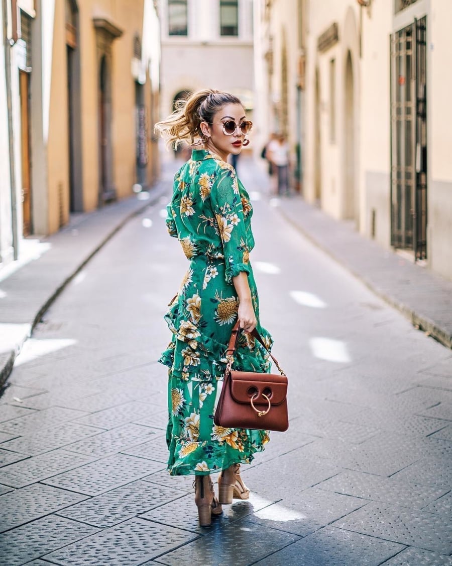 Green Floral Print Midi Dress with Ruffles Green Floral Print Midi Dress with Ruffles — Italian Outfits
