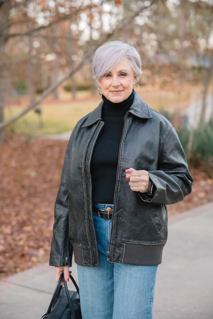Black leather jacket over black turtleneck and jeans Black leather jacket over black turtleneck and jeans — Jacket Outfits