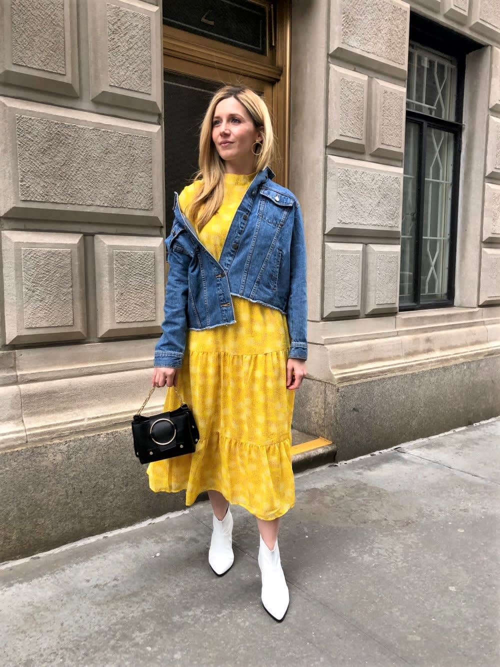 Blue denim jacket over yellow tiered midi dress Blue denim jacket over yellow tiered midi dress — Jacket Outfits