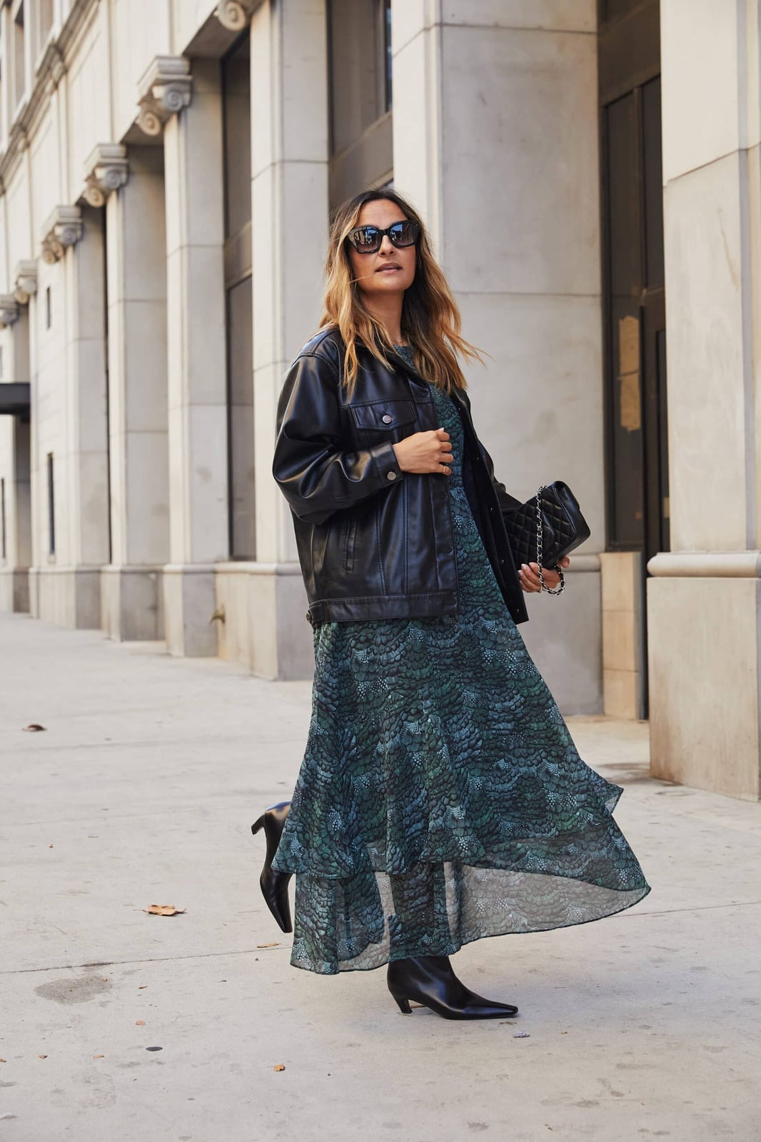Oversized black leather jacket over patterned chiffon, Close-Up Take Oversized black leather jacket over patterned chiffon, Close-Up Take — Jacket Outfits