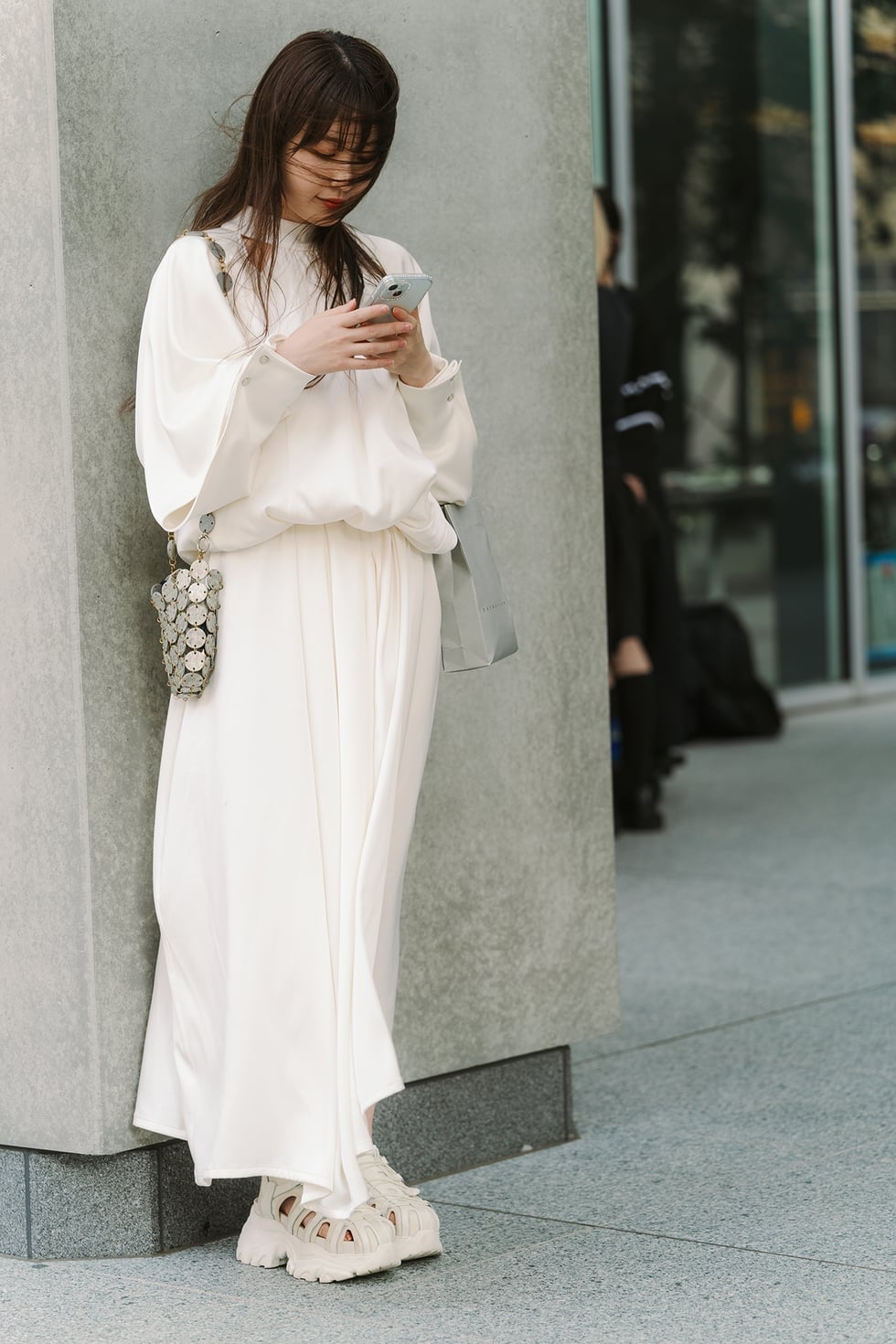 Minimalist white silk dress with statement bag Minimalist white silk dress with statement bag — Japan Outfits